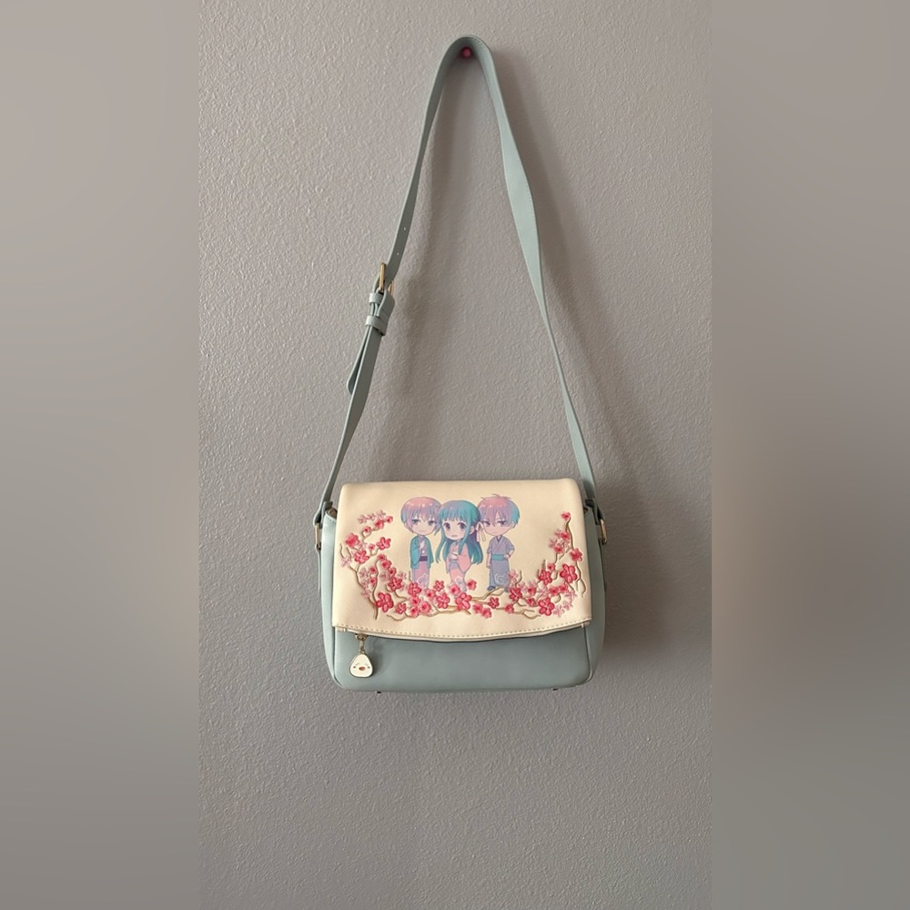 Fruits Basket Anime Crossbody Purse Cream Blue Floral Embroidery - Picture 2 of 4